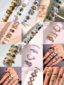 5/6/9/10/11/15/18/20/25/30/35 件套女士戒指套装，复古多色仿宝石戒指套装，奢华百搭珠宝配饰 - 彩色 - 查看 4