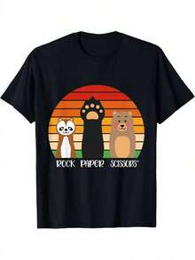 Men's Casual T-Shirt, Fashionable Outdoor Outfits, Holiday Gifts, 1 Piece Heavyweight T-Shirt For Men, Retro 80s And 90s Style With Paper Scissors And Dog Paw Print, Short Sleeve Crew Neck T-Shirt With Chibi Raccoon Animal Graphics, Summer Casual Clothes For Pet Lovers (Black) - 黑色 - 查看 7
