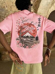 The Hottest Item Of The Summer: Men's Short-Sleeved Crew Neck T-Shirt With Embroidered Sakura And Mountain Print, Minimalist Summer Fashion. | Basic Casual Urban Style T-Shirt, Boyfriend Gift, Stylish, Popular, Party T-Shirt. - 粉色 - 查看 4