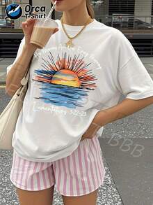 Women's Casual Summer T-Shirt, New Collection, Sunrise And Script Print, Regular Fit, 100% Cotton, 180 Gsm, Orca Brand. Suitable For Summer Leisure, Outdoor Activities, Sports, Vacations, Gifts, And Other Occasions. - 黑色 - 查看 10
