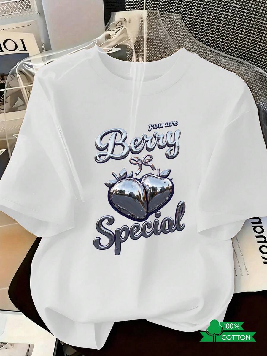 New 2026 Collection: Cotton T-Shirt With Anime Letter Print, Women's Round Neck T-Shirt With Simple Design, Comfortable And Breathable, Stylish And Versatile, Suitable For Sports And Leisure, A Must-Have For Summer, Local Delivery, Lightweight Cotton. - 白色 - 查看 1