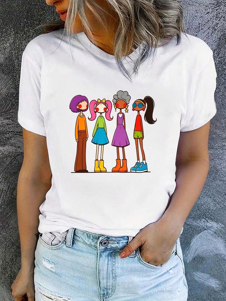 1 Piece Of Women's Summer T-Shirt, Short Sleeve And Printed, Modern And Casual, Machine Washable, Comfortable Fit, 2D Flat Print, 180g, 100% Cotton. - 白色_05 - 查看 1