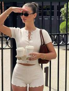 Conjunto de 2 piezas de verano para mujer - Top de punto y pantalones cortos, conjunto de vacaciones - blanco lechoso - Ver 1