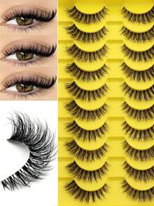 10 pares de pestañas postizas de visón 3D naturales de estilo de dibujos animados, extensiones de pestañas realistas y rizadas, tiras de pestañas adecuadas para fiestas y uso diario - Negro - Ver 8