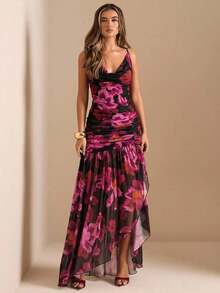 xheSHEIN  Vestido transparente con cuello profundamente drapeado, abertura alta y estampado floral sólido verde y rosa, vestido de playa, vestido sexy y elegante para primavera y veranoxhe - Rosa 2 - Ver 5