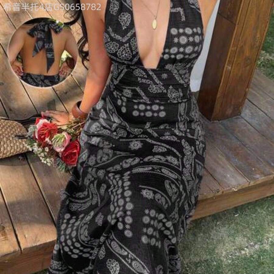 Fengyu Women's Clothing Store  Vestido vintage de ajuste ceñido con escote en V profundo, espalda descubierta y cintura con lazo, con estampado de flores de anacardo rojo, adecuado para vacaciones en la playa - Negro - Ver 1
