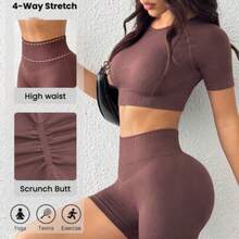 guang zhou mi qian shang mao  Conjunto deportivo de top corto y shorts sin costuras para mujer - Marrón - Ver 1