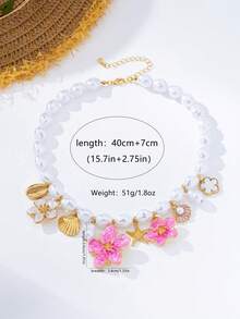 1pc Fashionable Seashell, Conch, Pearl & Flower Pendant Necklace, Suitable For Women's Daily, Party, Festival Occasions, Gift - Pink - View 2