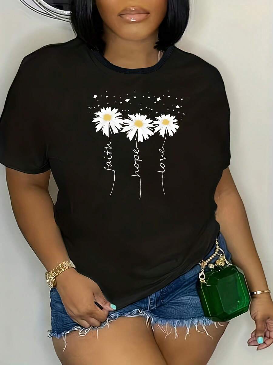 20261 Pieces Of Plus Size Women's Round Neck Short Sleeve T-Shirts, Featuring An Artistic Print With The Theme "Daisy Faith Hope Love Healing", Comfortable And Pleasant To The Touch, Machine Washable, Suitable For Everyday Wear At Work. - 黑色 - 查看 1