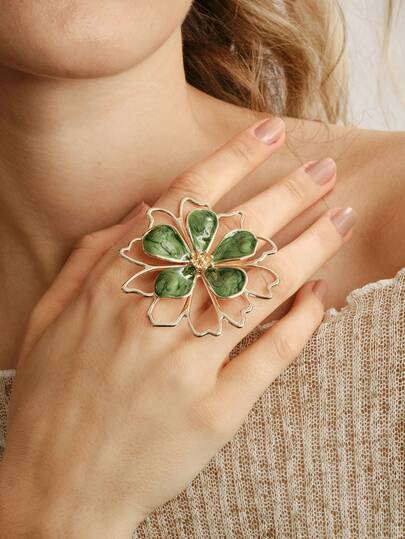 Nocturel 1 Stück personalisierter Cut Out doppelschichtiger grüner Tropfenblumen-5-Blüten-Ring (ohne Geschenkbox)