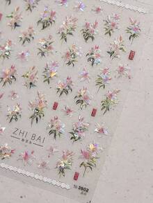 Spring Chinese Style Lily Nail Stickers, 5D Embossed Watercolor Floral Design, Nail Tech Must Have Self-Adhesive Manicure Accessories 1sheet - Baby Pink - View 4