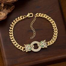 Brazalete de hip-hop de alta gama talla grande vendido con zirconia microincrustada de cobre, brazalete cubano de leopardo de doble cabeza, accesorio versátil - Pulsera de platino con estampado de leopardo - Ver 6