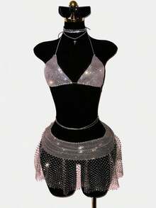 Minifalda sexy para mujer, con incrustaciones de red de pescar y brillantes, adecuada para ocasiones de fiesta - Gris Claro - Ver 1