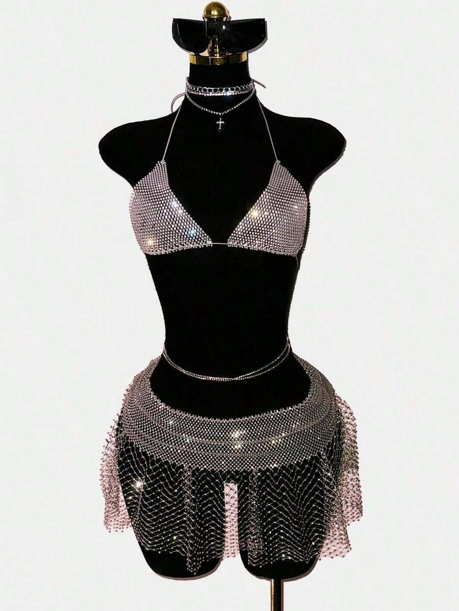 Minifalda sexy para mujer, con incrustaciones de red de pescar y brillantes, adecuada para ocasiones de fiesta - Gris Claro - Ver 1