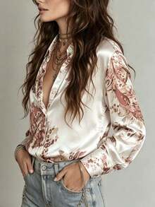 Blusa de satén con estampado de rosa naranja-turquesa clásico para mujer, diseño con cuello, elegante para el uso diario, salidas y talla grande - Blanco - Ver 2