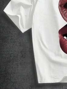 Playeras de hombre  Camiseta de manga corta con estampado de labios, dientes y diamante de imitación en color blanco, con efecto desgastado y rojo, adecuada para primavera/verano, regalo divertido para novio/uno mismo ZCUW - Blanco - Ver 2