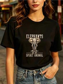 Casual Fashion T-Shirt For Everyday Wear - Elephant Soul Animal Print T-Shirt - 180G, Comfortable Fit, Perfect For Family Outings, Company Parties And Holiday Gifts. - 黑色 - 查看 1