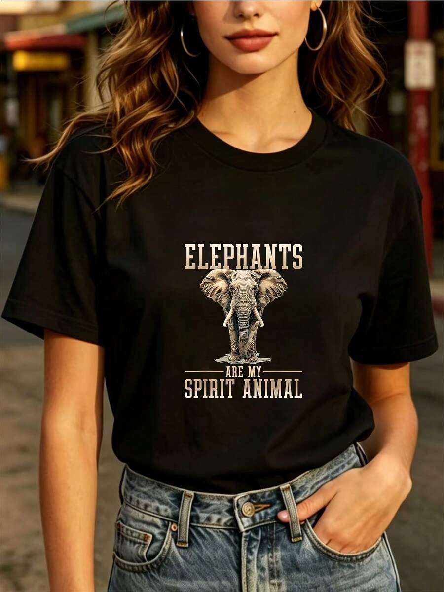 Casual Fashion T-Shirt For Everyday Wear - Elephant Soul Animal Print T-Shirt - 180G, Comfortable Fit, Perfect For Family Outings, Company Parties And Holiday Gifts. - 黑色 - 查看 1