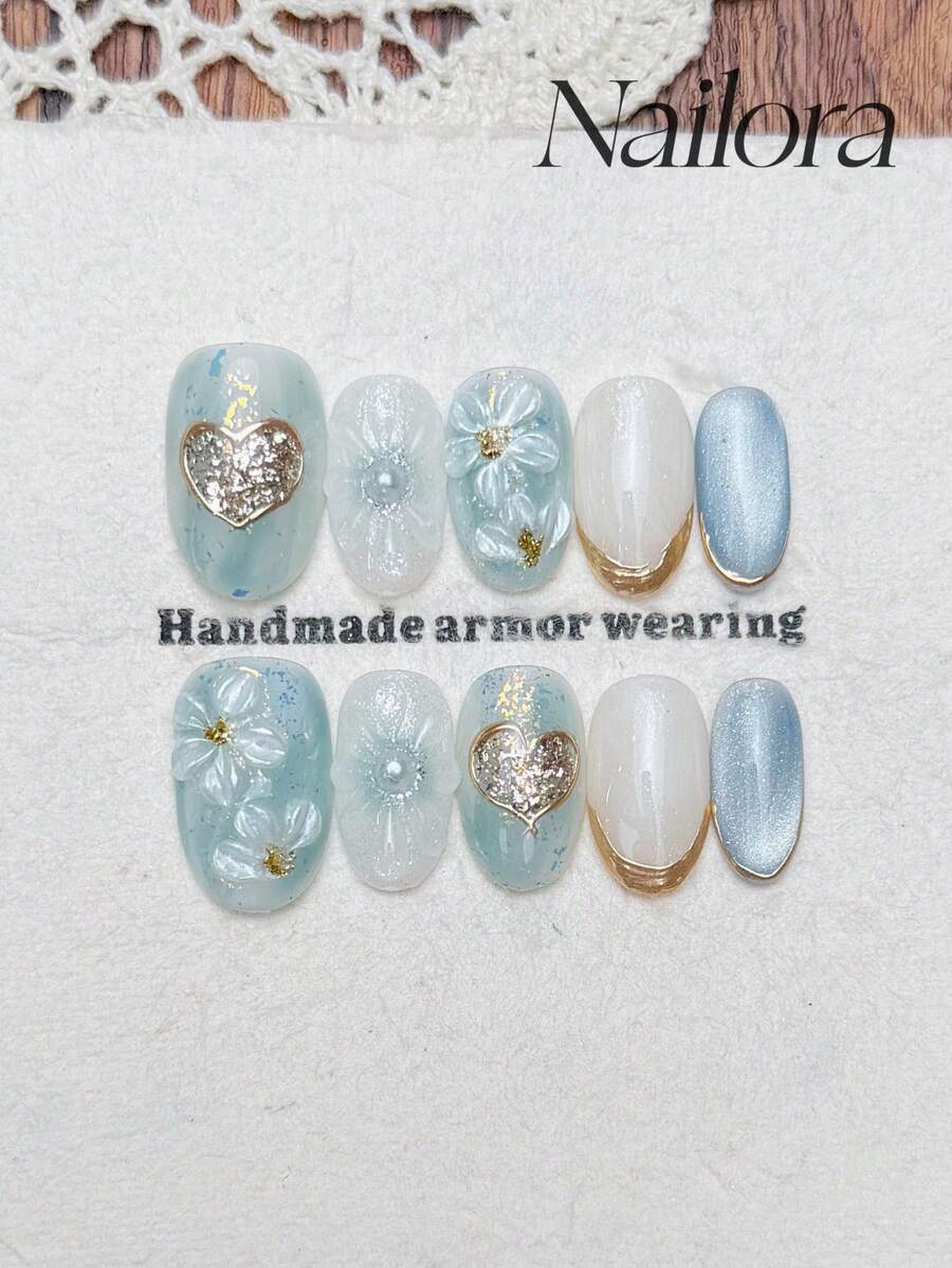 10pcs Handmade Nails Oval Nails Homemade Press On Nails Acrylic Short Mint Green Blue Nails, Cateye Gold Foil Glitter 3D Floral Cherry Blossom Lines,Summer Nails DIY False Nail Art Party Daily Dating Vacation Outfits Women Girls Gift Nail Supplies - Multicolor - View 1