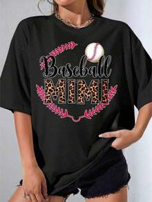 Girls' Black And White T-Shirt, Mimi Baseball T-Shirt With White Leopard Print And Baseball Design For Casual Wear And Sporting Events, Outdoor Parties, Casual Printed T-Shirt - 黑色 - 查看 5