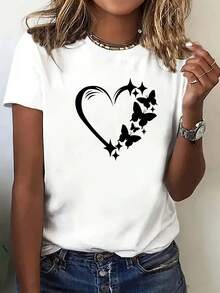 Heart And Butterfly Print T-Shirt, Stylish And Versatile, Suitable For All Skin Types, Perfect For Everyday Wear And Dates. - White - View 1