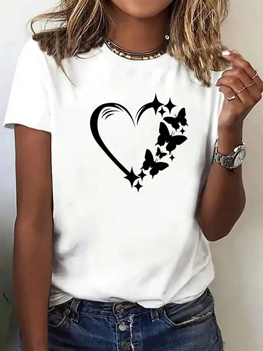 Heart And Butterfly Print T-Shirt, Stylish And Versatile, Suitable For All Skin Types, Perfect For Everyday Wear And Dates. - White - View 1
