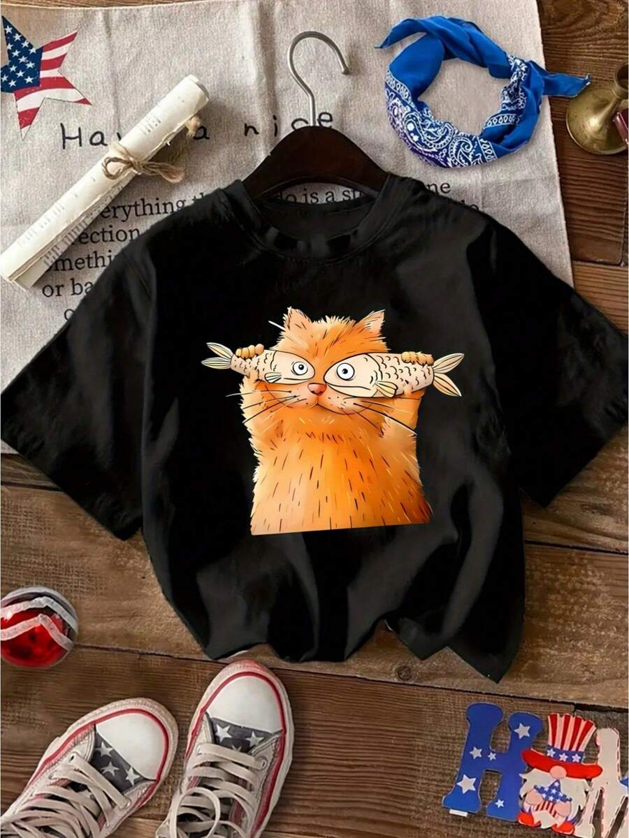 Women's Casual Summer T-Shirt With Small Orange Cat Fishing Print, Fashionable Short Sleeve, Casual Round Neck, Women's Clothing - 黑色 - 查看 1