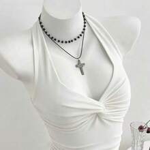 Yunuo Menswear  Body de mujer con cuello en V y nudo delantero, minimalista y sexy, para primavera/verano - Blanco - Ver 1