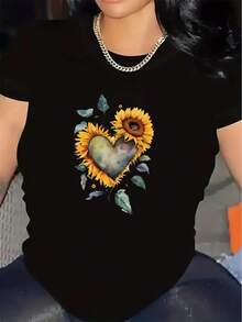Camiseta de manga corta, ligera y duradera, con diseño de corazón de girasol, es perfecta para relajarse en casa, ir a cafeterías o realizar actividades al aire libre, ofreciendo una experiencia de uso diario cómoda. - Negro - Ver 1