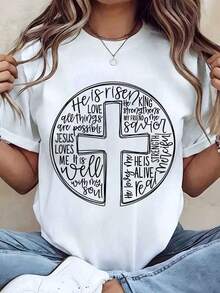 Women's T-Shirt With Christian Cross Print And Inspirational Quotes, Round Neck, Regular Fit, Casual Wear, Easter Gift, He Has Risen, 220g, Loose Fit Blouse - 白色 - 查看 6