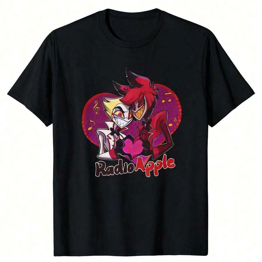 Hazbin Hotels Alastor X Charlie Couple T-Shirt, Anime Fanart Print Casual Tee. Suitable As A Gift. Women's T-Shirt. Elegant Blouses. Boho Chic. Soft, Breathable, And Comfortable Women's Top, Ideal For Spring, Summer, And Autumn, Perfect For Vacations, Travel, And Everyday Wear. - 黑色 18 - 查看 1