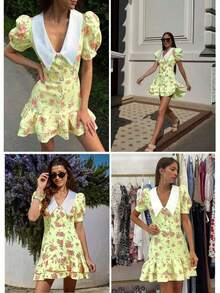 Spring/Summer Casual Style Dress With Collar, Front Buttons, Tie Back And Tie-Dye Print, For Everyday Wear, Western Style, Bohemian, Music Festivals, Vacation, Fairycore Style, Elegant For Women - 黃色 - 查看 8