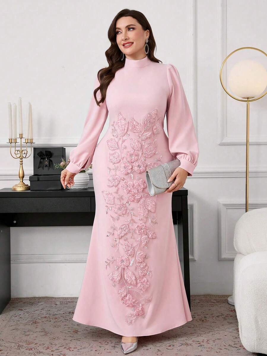 Elegant Pink Plus Size Maxi Dress With Stand Collar And Puff Sleeves Embellished With Floral Applique For Women - Pink - View 1