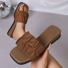 Women's Pleated Simple Solid Color Square Toe One-Strap Wedge Platform Casual Slide Sandals, Brown PU Material, Suitable For Daily Commute In Summer - Brown - View 4