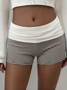 Blazique Plus Size Women's Y2K Style Striped Shorts, Contrast Color Waist Design, Suitable For Casual, Streetwear And Commuting In Summer - Brown - View 4