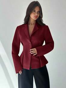 AYYFirerie Chaqueta delgada de lino con cintura, manga larga, cuello de solapa para mujer, color albaricoque para otoño/inviernoAYY - Burdeos - Ver 8