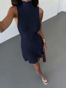 AYYAloruh Vestido de punto acanalado de línea A sin mangas con cuello mínimo para mujerAYY - Azul marino - Ver 6