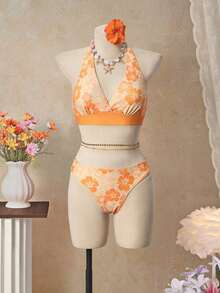 Bellisia Conjunto de 3 piezas con top de bikini triangular con cuello de halter naranja y falda a juego, para playa/resort - Multicolor 5 - Ver 3
