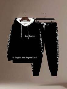 Conjunto de sudadera con capucha y pantalones deportivos de talla grande con estampado de fuente gótica Los Ángeles, conjunto deportivo de 2 piezas con estilo callejero, con bolsillos con cordón, negro, para primavera - Negro - Ver 3