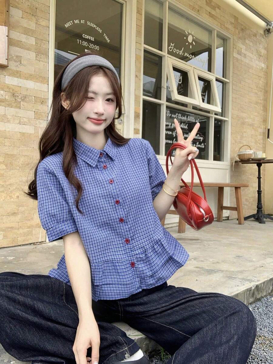 新款春夏女式休闲韩版荷叶边下摆上衣 - 藍色 - 查看 1