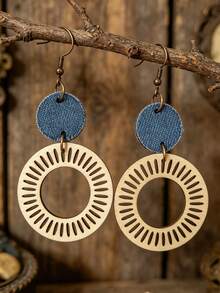1 Pair Retro Denim Blue Earrings, Hollow Sun Pattern Wooden Hoop Earrings, Versatile Design - Multicolor - View 1