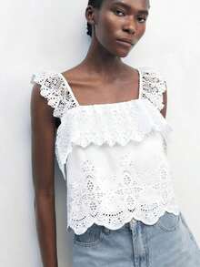 Maija 2026 Nueva blusa/top sin mangas de mujer con diseño de volantes con bordado calado, adecuado para primavera/verano, estilo bohemio para Pascua, festivales de música, invitados de boda, brunch, aeropuerto, diario, fiesta, graduación, versátil y casual - Blanco - Ver 8