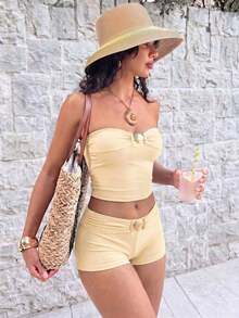 Conjunto de bikini bandeau elegante negro para mujer de Bonvoyette con tirantes desmontables, traje de baño de dos piezas con cintura alta estilizadora 2026 con adorno de concha, top bandeau y shorts tipo boy, ropa de playa minimalista y elegante para vacaciones de verano, resort y fiestas en la piscina - Negro - Ver 10