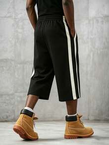 Men's 3/4 Length Shorts, Loose Fit With White Side Stripe And Drawstring Waist, Casual Street Style Pants, Suitable For Daily Wear In Summer - Black - View 2