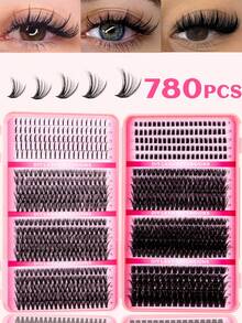 2340pcs, 780pcs Eyelash Extension Kit - DIY Eyelash Book, False Lashes, Lash Bond&Seal, Remover, Tweezers, Gift Box, Lashes With Spikes And Bottoms, D-Curl, Soft & Comfortable, Easy For Professionals And Beginners, Lashes Cluters Kit, Spike Lashes - Black - View 4