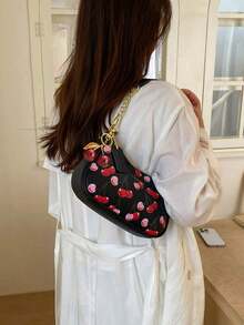 Simple Cherry Pattern Color Blocked Large Capacity Shoulder Bag, Fashionable Daily With Cherry Pendant, Niche Design Casual Elegant Lightweight Crossbody Bag, Suitable For Shopping, Daily Outings, Parties - Multicolor - View 3