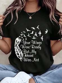 Women's T-Shirt With Feather And Bird Print, "Your Wings Were Ready But My Heart Wasn't", Crew Neck Graphic T-Shirt For Casual Wear, Memorial Gift For Mourning, 220g, Women's Oversized Blouse - 黑色 - 查看 1