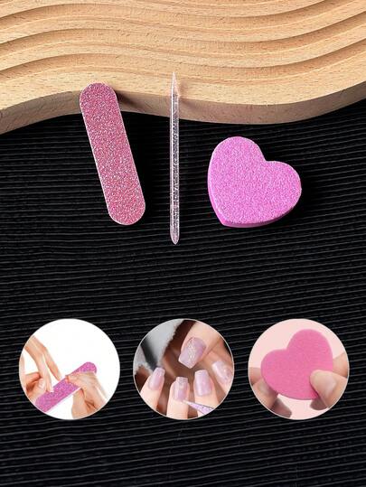 1 pieza/5 piezas Kit de herramientas de manicura rosa, Juego de cuidado de uñas que incluye lima mini, esponja en forma de corazón, empujador de cutículas