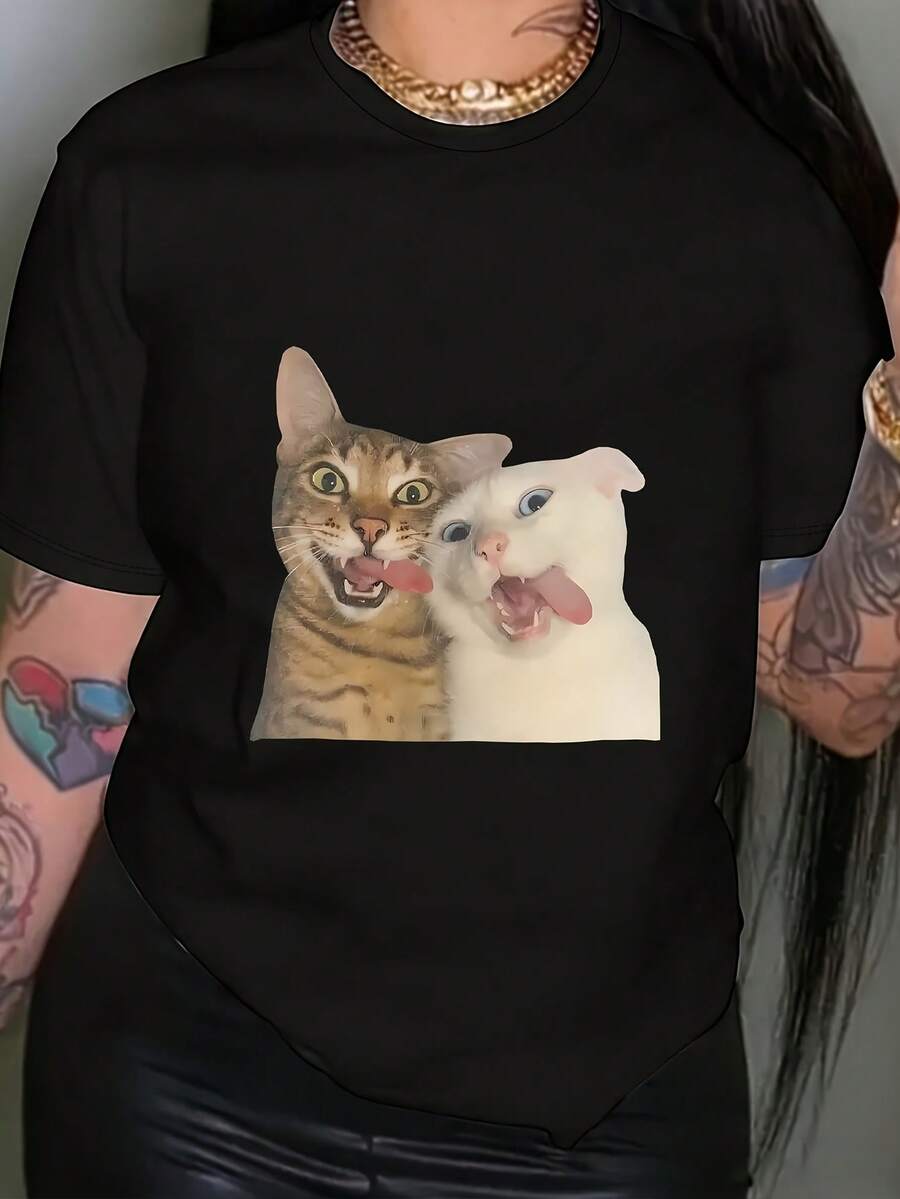 T-Shirt With A Graphic Print Of A Silly, Unhinged Cat. | Casual Short-Sleeve Crew Neck T-Shirt For Summer And Spring, Women's Clothing - High Quality - 黑色 - 查看 1