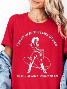 Women's T-Shirts 1 Piece, Women's Oversized Shirts, Summer Shirt With Western Print, T-Shirt With The Phrase 'I Don't Need Men's Laws', Country Style T-Shirt, Gifts For Her, Casual Blouses For Ladies. - 紅色 - 查看 6